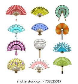 Hand paper fan vector icons. Chinese or japanese beautiful fans isolated. Colorful japanese souvenir fans illustration. Flat style.