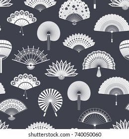 Hand paper fan vector seamless pattern. Chinese or japanese beautiful fans isolated. Black and white asian souvenir fans illustration. Flat style