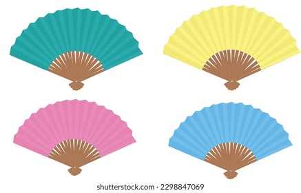 Hand Papier Faltenfächer, Vektorset einzeln auf weißem Hintergrund. Vorübergehender Papierventilator in verschiedenen Farben. Kühlwerkzeug. Souvenirartikel.