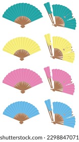 Hand paper folding fan vector set isolated on white background. Traditional paper fan in diferent colors. Cooling tool. Souvenir item.