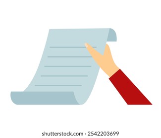 Hand with paper. A sheet of paper. Vector simple color flat illustration. 