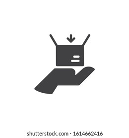 Hand with parcel box vector icon. Courier delivery hand filled flat sign for mobile concept and web design. Cargo logistic glyph icon. Symbol, logo illustration. Vector graphics