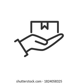 Hand and parcel vector thin line icon isolated on white. Home delivery, receive package concept. Courier arm shipment. Eps 10