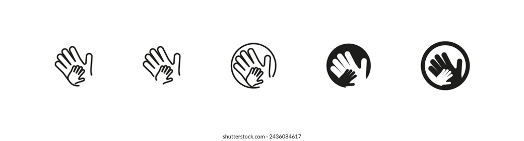 Hand in hand parenting concept icon. Father or mother holding little baby hand icons.