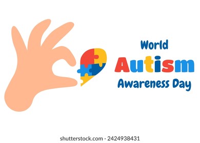 Hand with a part of heart puzzle. World Autism Awareness Day. Background, banner, card, poster with text	