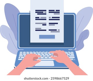 Hand part typing on laptop. Click submit filling form. Flat design illustration style
