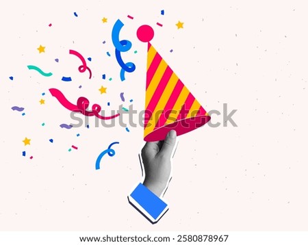 Hand with a party hat and confetti around it. Modern collage style. Vector illustration