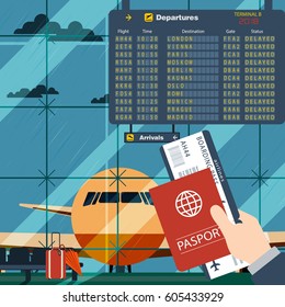 Hand of the passenger with boarding pass and passport in the airport terminal. Vector illustration. Flight Delayed Due To Bad Weather.