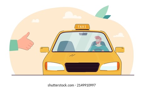 Hand of passenger hailing, catching yellow taxi cab. Male driver driving car flat vector illustration. Public transport, service, travel concept for banner, website design or landing web page