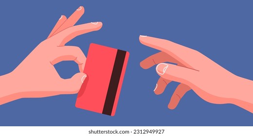 Hand passes the credit card to other hand. The concept of banking services, online payment and bank card fraud. Vector illustration