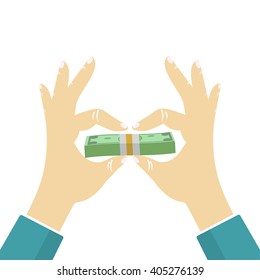 The hand passes money  to another person in another hand over white background