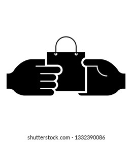 Hand passes the package to the other hand Hand pass bag other hand Concept commerce Idea trade Market subject Marketing icon black color vector illustration flat style simple image