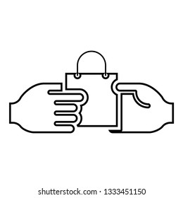 Hand passes the package to the other hand Hand pass bag other hand Concept commerce Idea trade Market subject Marketing icon black color outline vector illustration flat style simple image