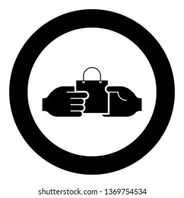 Hand passes the package to the other hand Hand pass bag other hand Concept commerce Idea trade Market subject Marketing icon in circle round black color vector illustration flat style simple image
