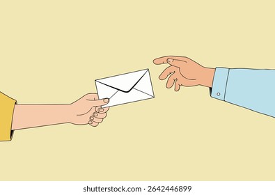 A hand passes a white envelope to another hand against a yellow background, symbolizing communication and exchange.

