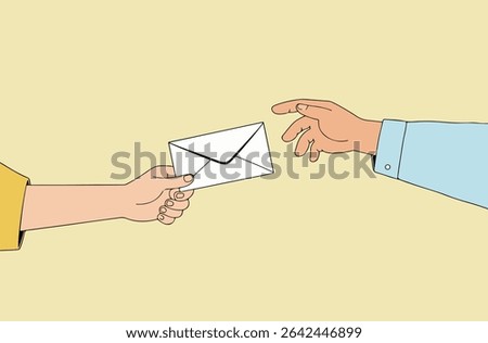 A hand passes a white envelope to another hand against a yellow background, symbolizing communication and exchange.
