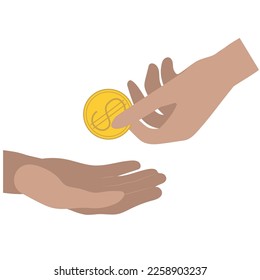 Una mano que pasa una moneda de un dólar dorado a la mano. Contando las manos, centavos. Finanzas.
