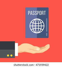 Hand and passport. Getting or renewing a passport concept. Flat vector illustration