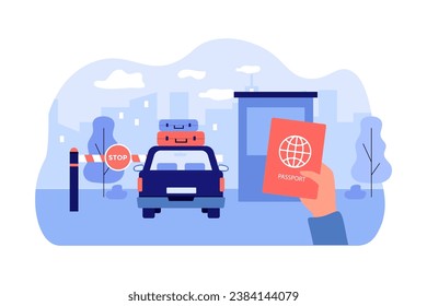 Hand with passport illustration, car with suitcase in front of border control post. Flat vector illustration. Border crossing, travelling, migration concept