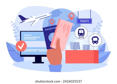 Mano con pasaporte e ilustración vectorial de boleto. Computadora con marca de verificación, avión, metro, tren, autobús y globo terráqueo con puntos de destino. Comprar billetes en línea, concepto de viaje