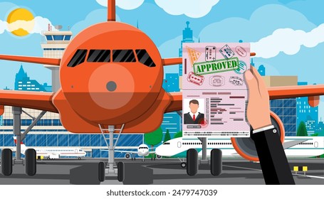 Hand with passport with visa. Plane before takeoff. Airport control tower, terminal building and parking area. Cityscape. Sky with clouds and sun. Vector illustration in flat style