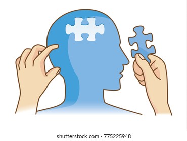 Hand paste the last piece to complete the silhouette human head. Medical concept illustration about brain and thinking.
