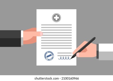 Hand of patient is holding medical certificate, hand of physician is signing and stamped it. Concept of getting written evidence of health condition or sick note