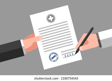 Hand of patient is holding medical certificate, hand of physician is signing and stamped it. Concept of getting written evidence of health condition or sick note