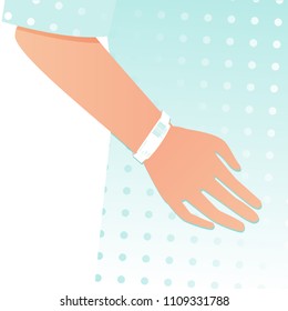 Hand of a patient in a hospital robe wearing a white patient identification bracelet. Stock vector illustration of modern medical care and hospital treatment.