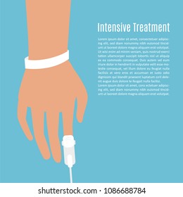 Hand of a patient with oxygen saturated probe on finger and a white patient identification bracelet. Stock vector illustration of modern medical care and hospital treatment.