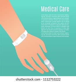 Mano de un paciente con sonda saturada de oxígeno en el dedo y una pulsera blanca de identificación del paciente. Ilustración vectorial de la atención médica moderna y el tratamiento hospitalario.