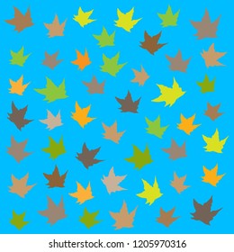 Hand pattern illustration of autumn leaves on light blue background. Poster, card, clothes, bags, postcard, wrapping paper, wallpaper.