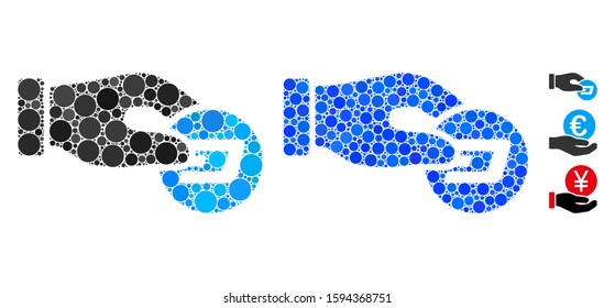 Hand pay Dash composition of small circles in variable sizes and color tinges, based on hand pay Dash icon. Vector random circles are organized into blue composition.