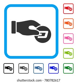 Hand Pay Dash icon. Flat gray iconic symbol inside a blue rounded square. Black, gray, green, blue, red, orange color additional versions of Hand Pay Dash vector. Designed for web and software UI.