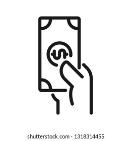 Hand with pay money icon. Stroke outline style. Line vector. Isolate on white background.
