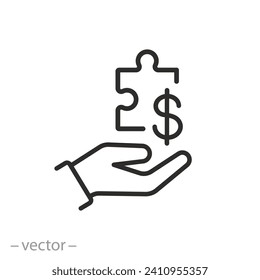 hand pay in parts icon, payment in installments concept, puzzle with money solution, share installment plan, thin line symbol - editable stroke vector illustration