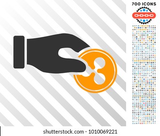Hand Pay Ripple Coin icon with 7 hundred bonus bitcoin mining and blockchain icons. Vector illustration style is flat iconic symbols designed for crypto-currency software.