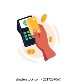 Hand paying with bank plastic card, using POS terminal. Customer during payment with electronic contactless wireless cashless technology. Flat vector illustration isolated on white background