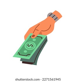 Hand paying with cash, dollar stack. Holding banknotes, giving currency, american USD bank notes bills. Payment, finance, wealth concept. Flat vector illustration isolated on white background