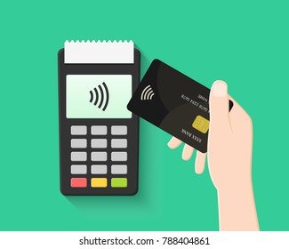 Hand paying with contactless and wireless card in flat design. POS terminal and transaction with NFC technology. 