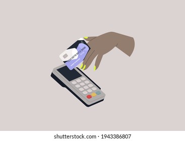 A hand paying with a credit card, wireless transactions, finance and banking, a pos machine