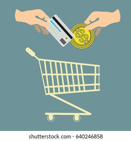 Hand with a Payment Card and Cash Symbolizes the Option Between Cashless Settlement and Cash back. Vector Illustration 