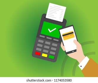 Hand and payment terminal, successful payment by contactless system. New POS terminal and hight technology smartphone with nfc Near-field communication payment completed, approved checkmark.