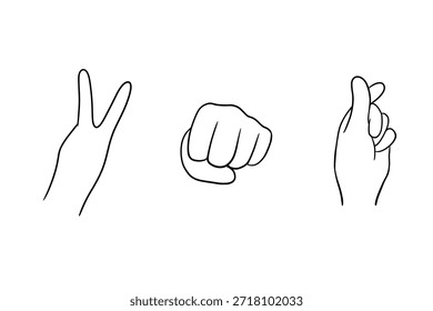 Hand peace gesture, linear icons set. Victory line, fingers making heart shape, hand drawn vector illustration