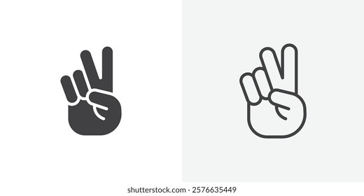 Hand peace icon set in black flat solid and outlined style.