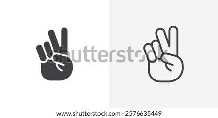 Hand peace icon set in black flat solid and outlined style.