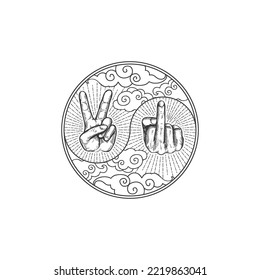 Hand peace and middle finger inside a circle. Peaceful and rebellion symbol.