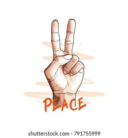 hand in peace sign with Brush background