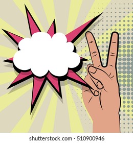 Hand peace sign comic text retro pop art style white bubble. Cartoon vector colored speech bubble. Halftone hand drawn peace, ok sign. Positive hippie hand signs multi colored background