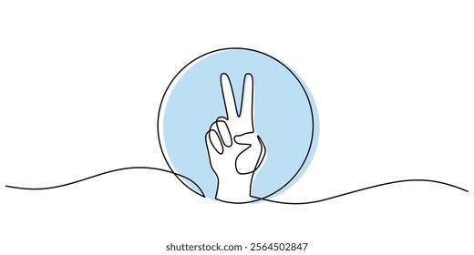 Hand Peace Sign gesture in continuous line drawing. Symbolizing peace, hope, and unity. Vector illustration one line art minimalist.